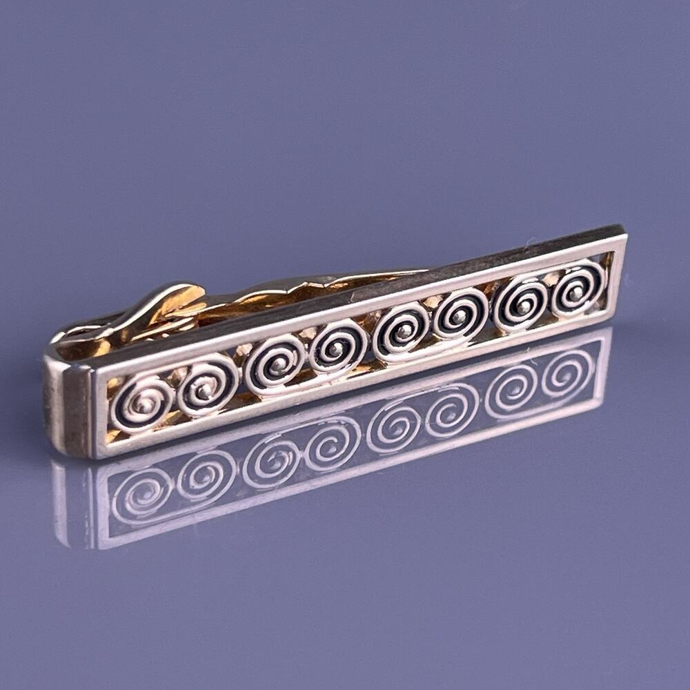 Scrolls Swirls Tie Clip Bar Gold Tone Circles Bullseye Swank Vintage